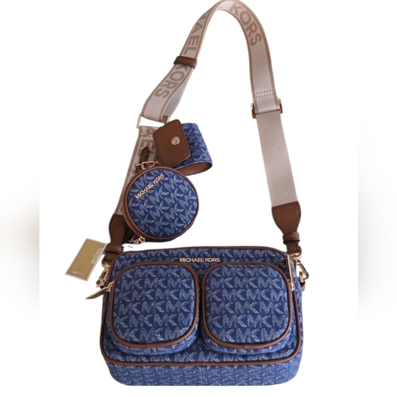 Michael Kors Denim Jet set travel pocketcrossbody tech pouches AirPods case - Picture 1 of 6